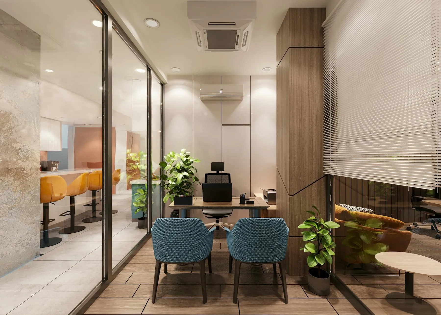 Modern commercial meeting area with clean lines, wood accents, and freshly refreshed walls.